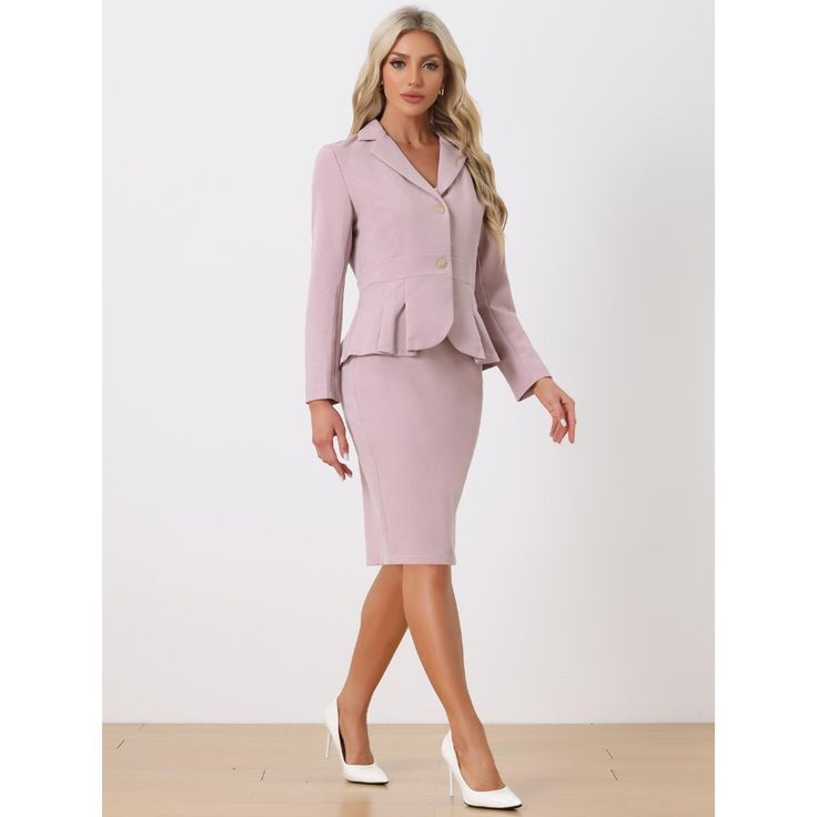 The set features a long-sleeve blazer with a notched lapel design that accentuates the sophisticated look of the suit. The peplum detail on the blazer adds a feminine touch and enhances your curves. It is a must-have choice for your work wardrobe in the new season. The pencil skirt in this set complements the blazer perfectly with its sleek design. It features a high waistline that flatters your figure and creates a professional look. The knee-length cut makes the skirt appropriate for formal an Fitted Long Sleeve Sets For Business Casual, Fitted Long Sleeve Sets For Semi-formal Occasions, Workwear Set With Single Button And Long Sleeves, Classic Long Sleeve Office Sets, Tailored Long Sleeve Sets With Single Button, Business Casual Long Sleeve Sets With Single Button, Tailored Long Sleeve Sets For Semi-formal Occasions, Tailored Long Sleeve Office Wear Sets, Single Breasted Long Sleeve Sets For Office Wear