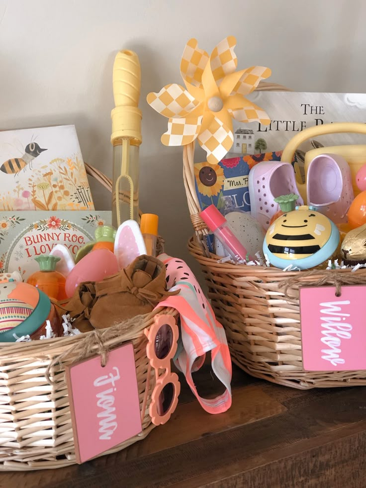 two wicker baskets filled with items on top of a wooden table