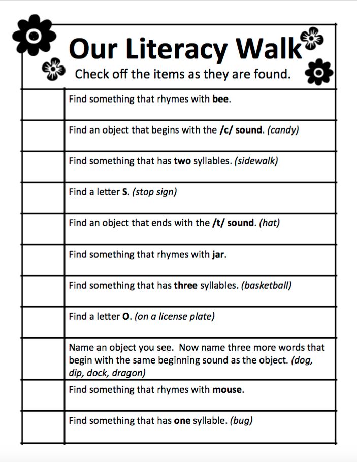 a black and white poster with the words, our literacy walk check off the items as they are found