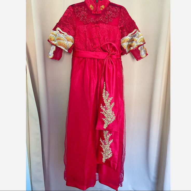 New Luxury Chinese Traditional Wedding Red Oriental Evening Dresses Size 2xl Waist 77-78 Cm Bust* 93-94cm *Bust Is Little Bit Small Than Other Evening Dress Red Long Sleeve Gown For Ceremonies, Red Long Dresses For Banquet, Red Fitted Cheongsam For Traditional Ceremonies, Red Long Cheongsam For Wedding, Long Red Cheongsam For Wedding, Red Short Sleeve Wedding Dress, Festive Red Dress For Banquet, Red Fitted Dress For Ceremony, Red Ao Dai For Banquet And Festive Occasions