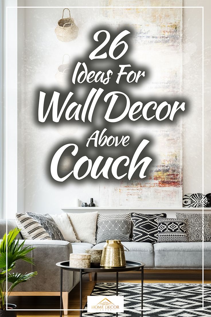 a living room with the words 20 ideas for wall decor above couch in white and black