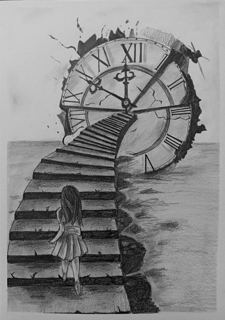 a pencil drawing of a girl walking up stairs to a giant clock on the beach