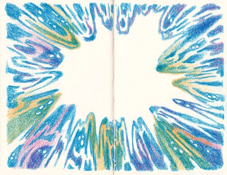 an open book with colored pencils in the pages and on top of it is a colorful design