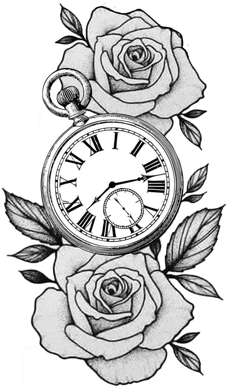 a drawing of roses and an old pocket watch