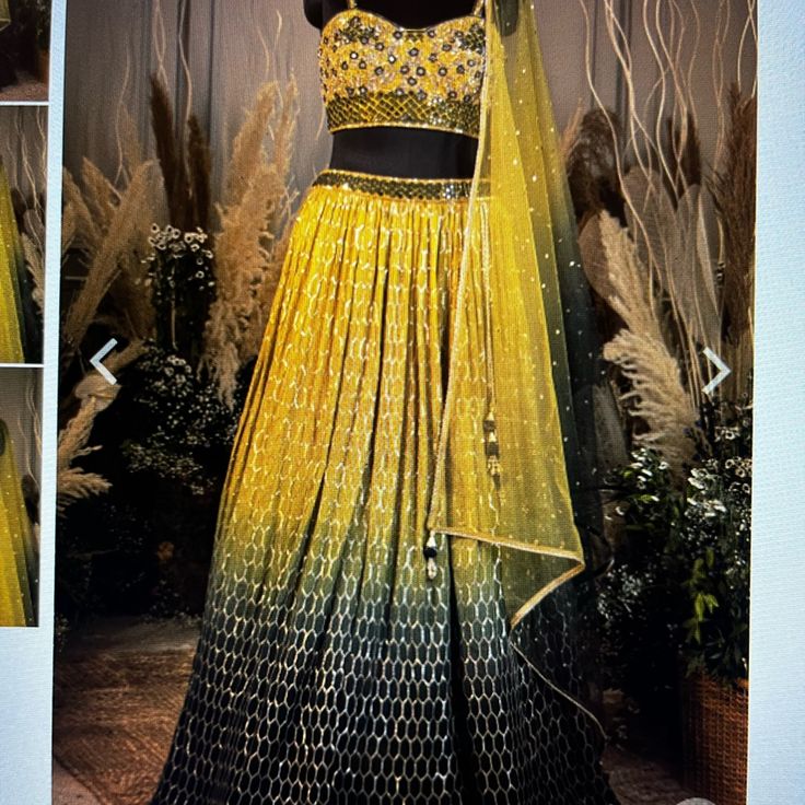 Yellow And Green Indian Lengha With Gold Embroidery For Wedding Or Special Occasion. The Waist Is Adjustable And Is 24-28” And Bust Is 34/35” . Fitted Yellow Sharara With Intricate Embroidery, Elegant Yellow Lehenga With Resham Embroidery, Elegant Yellow Embroidered Lehenga, Yellow Floor-length Dupatta For Reception, Designer Choli With Intricate Embroidery For Wedding, Designer Embroidered Choli For Wedding, Designer Lehenga With Resham Embroidery For Wedding, Yellow Embellished Sharara For Reception, Designer Embroidered Wedding Choli