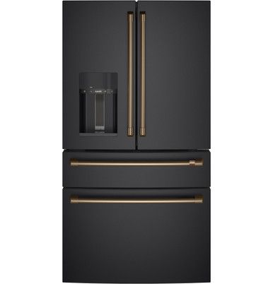 a black refrigerator freezer with gold trimmings and two doors on the front