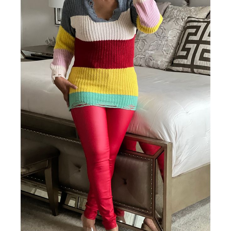 Color Block Sweater Trendy Chunky Knit V-neck Long Sleeve Sweater, Striped Long Sleeve Knit Sweater, Striped Knit Long Sleeve Sweater, Casual Stretch Knitted V-neck Sweater, Stretch Trendy Cardigan, Trendy Stretch Sweater For Layering, Trendy Chunky Knit Top For Layering, Stretch Knit Sweater For Loungewear, Cozy Stretch Chunky Knit Tops