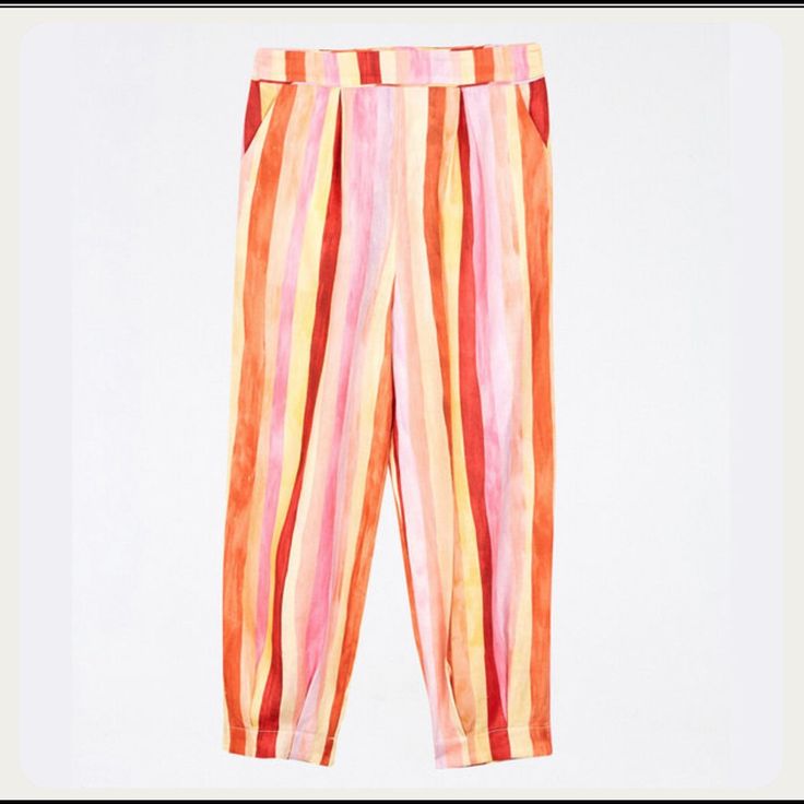 Farm Rio 100% Linen Sunny Striped Pants Pleated Hem Slash Side Pockets Back Pockets Side Zipper Closure Size M Summer Pink Bottoms With Pockets, Pink Summer Pants For Day Out, Striped Tapered Leg Bottoms For Spring, Summer Striped Tapered Leg Pants, High Waist Pink Bottoms For Spring, Summer High Waist Pink Pants, Pink High Waist Summer Pants, Pink Relaxed Fit Ankle-length Bottoms, High-waist Pink Bottoms For Spring