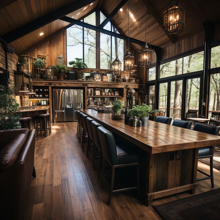 a large wooden table sitting in the middle of a living room