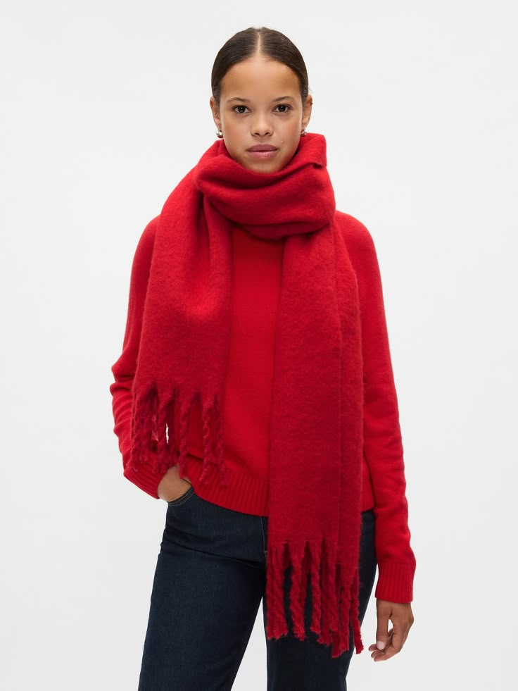 Soft, feathered chunky knit scarf.  Fringe at ends.  Responsible Wool Standard certified.  For more fit and sizing info, check out our Size Guide. Pink Chunky Scarf, Big Red Scarf, Red Winter Scarf, Red Knit Scarf, Red Scarf Winter, Red Wool Scarf, Chunky Knit Scarf, Thick Scarf, Chunky Knit Scarves