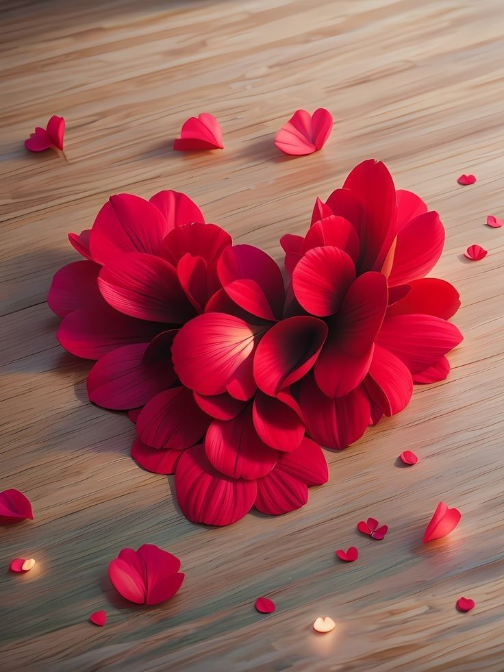 a bunch of red petals floating on top of a wooden floor