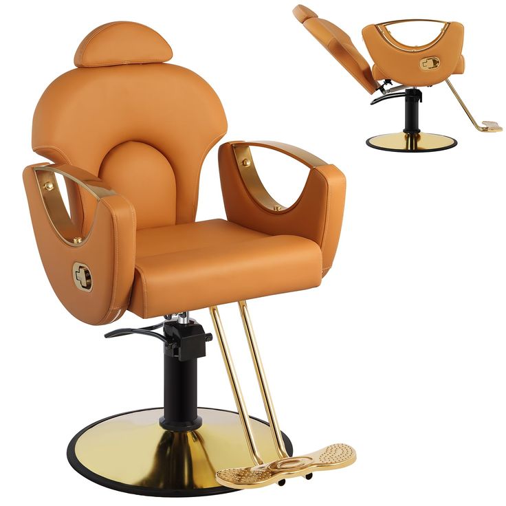 an orange chair sitting on top of a metal stand next to a hair dryer