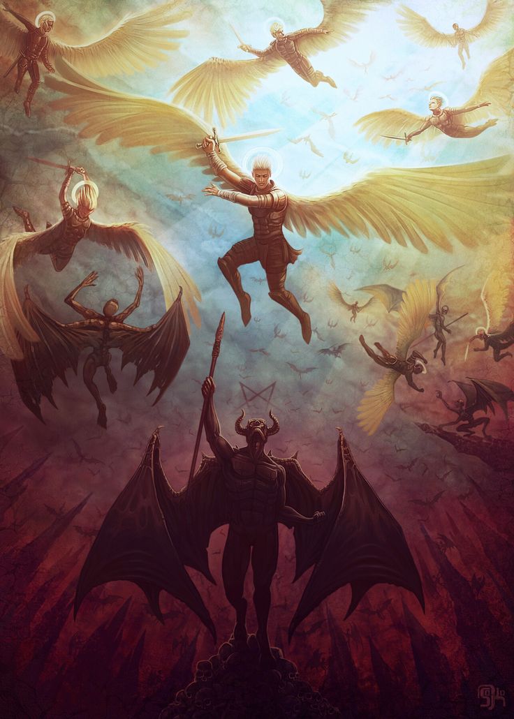 an image of some people in the air with wings above them and demon like creatures around them