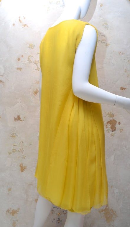 Women's James Galanos 1970s Amelia Gray Summer Yellow Chiffon Dress For Sale Fitted Sleeveless Silk Chiffon Dress, Fitted Silk Chiffon Day Dresses, Fitted Silk Chiffon Dress For Daywear, Yellow Chiffon Dress For Summer Evening, Yellow Chiffon Evening Dress For Summer, Elegant Fitted Yellow Chiffon Dress, Chic Yellow Chiffon Dress, Silk Crepe Cocktail Dress For Summer, Summer Silk Crepe Cocktail Dress