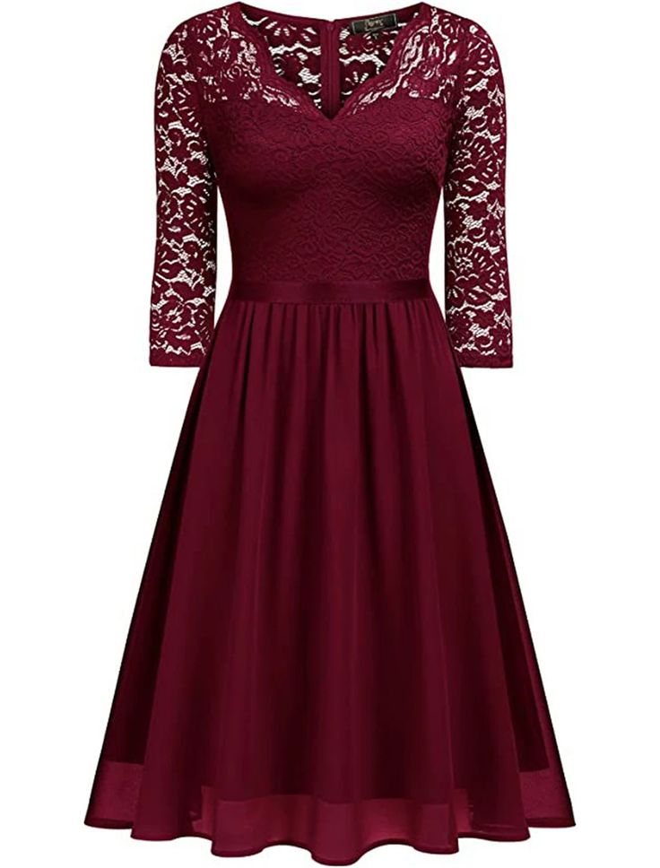 Women's Party Dress Lace Dress Homecoming Dress Midi Dress Black Wine Navy Blue Half Sleeve Pure Color Lace Spring Fall Winter V Neck Fashion Wedding Guest Birthday Vacation Knee-length Lace Party Dress, V-neck Lace Patchwork Dress For Prom, Holiday Bridesmaid V-neck Dress, Formal Dresses With Lace Trim For Prom Season, Evening Dress With Lace Trim For Prom, A-line Lace Patchwork Dress For Banquet, Knee-length Party Dress With Lace Patchwork, Knee-length Lace Patchwork Party Dress, Party Dress With Lace Patchwork, Knee-length