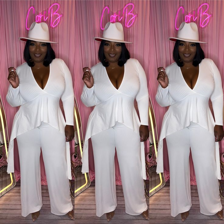 Two-piece set, Long top, Long sleeves, V-neck, High waisted pants, Elastic waistband, no closure. Chic White V-neck Sets, Chic Two-piece V-neck Bottoms, Chic Two-piece V-neck Set, Spring V-neck Sets For Night Out, Spring Season V-neck Sets For Night Out, Elegant Stretch V-neck Sets, Chic Two-piece Pant Set With Long Sleeves, Chic Long Sleeve Matching Pant Set, Two-piece V-neck Stretch Set