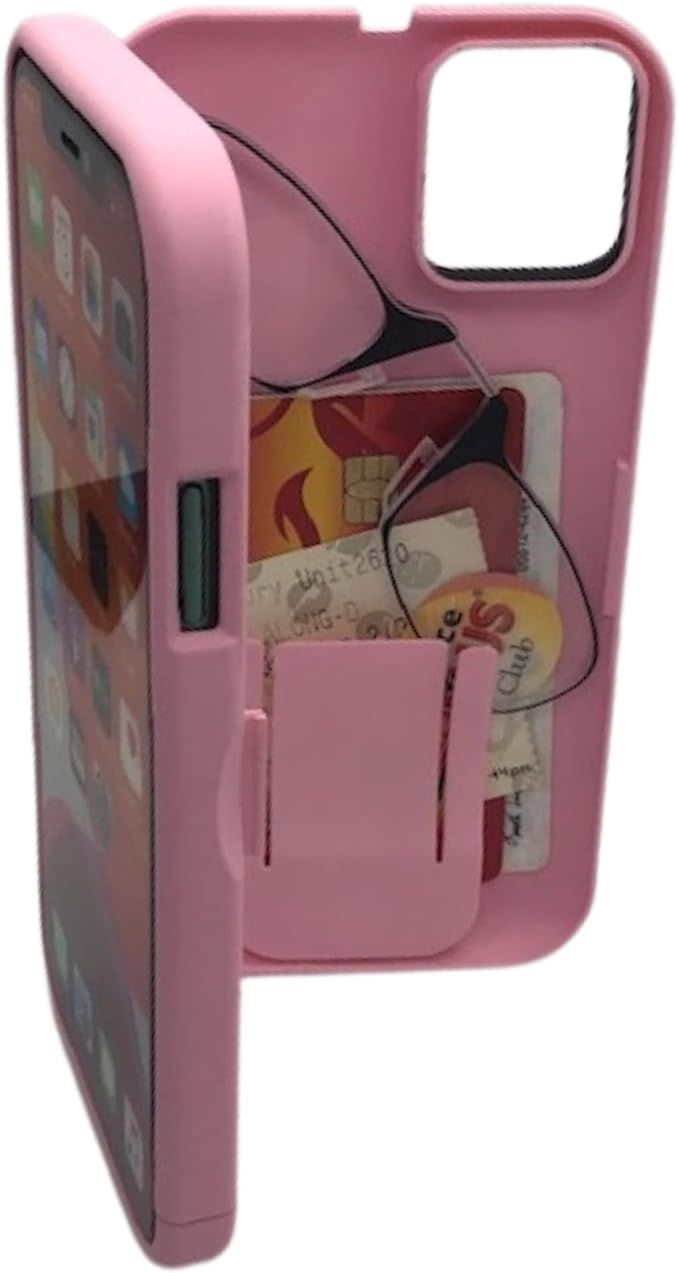 a pink phone case is open to show the inside of an iphone's wallet