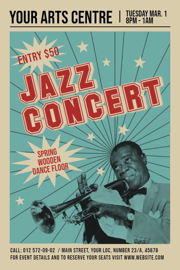 a poster for the jazz concert featuring an image of a man with a trumpet in his hand