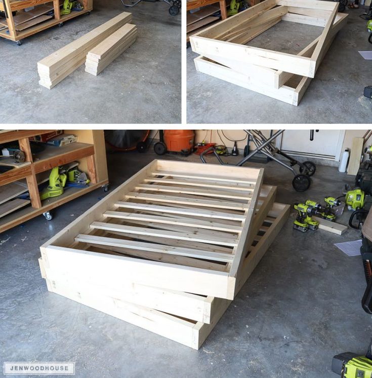 four pictures of the same bed frame in different stages of being assembled and put together