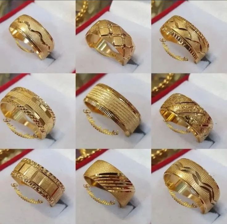 many different types of gold rings are shown in this photo, and there is no image on