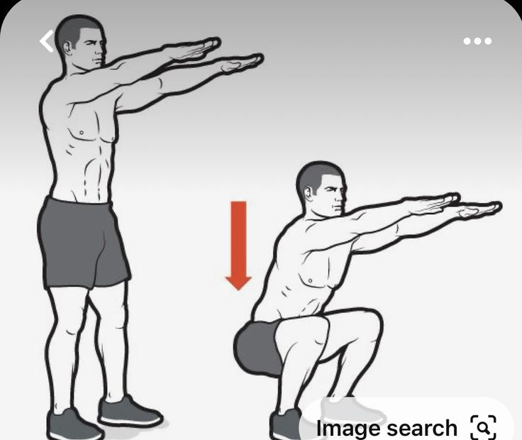 a man doing squats with an arrow pointing to the right and left side of his body