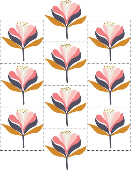 an image of pink flowers with leaves on the side and white squares in the middle