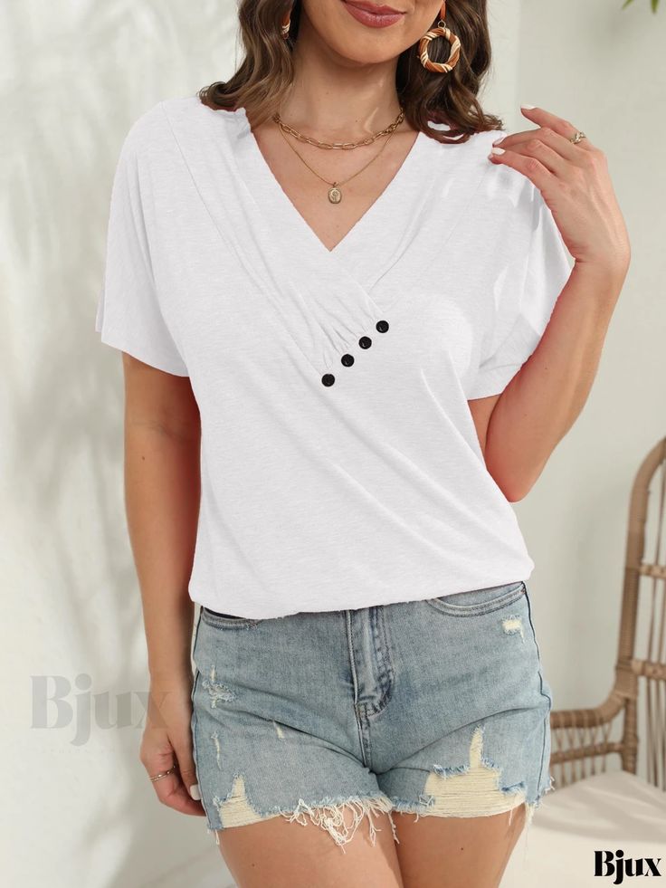 Bjux - Button-Adorned Ruched V Neck T-shirt: A Fashionable Casual Short Sleeve Top for Spring & Summer, Ideal for Womens Wardrobe Summer V-neck T-shirt With Buttons, White V-neck T-shirt With Button Closure, Spring V-neck T-shirt With Button Closure, Casual V-neck T-shirt With Buttons, White V-neck Top With Buttons, Womens Wardrobe, Women's Wardrobe, Casual Fit, Short Sleeve Top