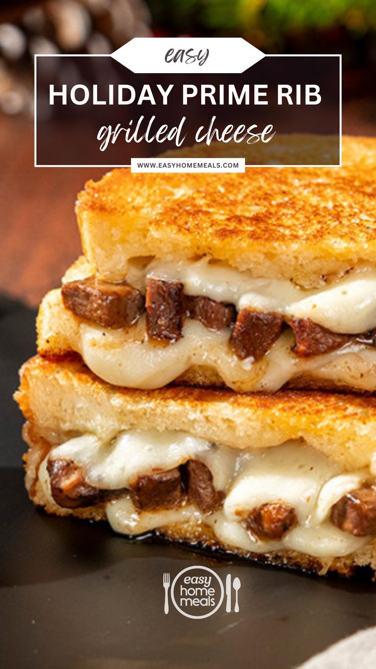 two grilled cheese sandwiches on a black plate with the words holiday prime rib grilled cheese