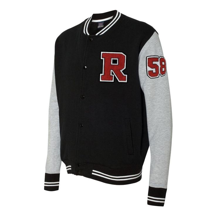 Whether you were a jock, a cheerleader, or even the class geek, the letterman jacket is a badge of honor to the top performing students who excel at their sport. Be the hit of your high school reunion, sock hop or 50's-themed party with our official Cruisin' USA Varsity Sweatshirt Jacket! FEATURES: 9.0 oz., 80/20 cotton/polyester Snap front closure Contrast sleeves and double welt side pockets Available in Adult sizes Small thru 3X, Chest Sizes: SM (36), MD (40), LG (44), XL (48), 2X (52), 3X (5 Jock Jacket, Greaser Jacket, 1950s Mens Fashion, R Letter, Sweatshirt Refashion, Varsity Sweatshirt, Chic Sweatshirt, 1950s Mens, Sock Hop