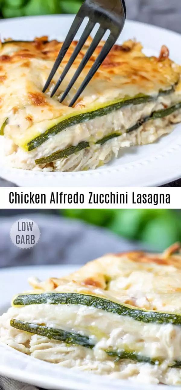 two pictures of chicken alfredo zucchini lasagna on a white plate with a fork