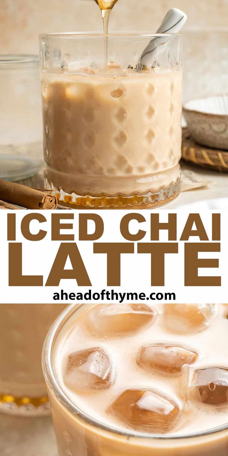 iced chai latte in a glass mug with ice cubes