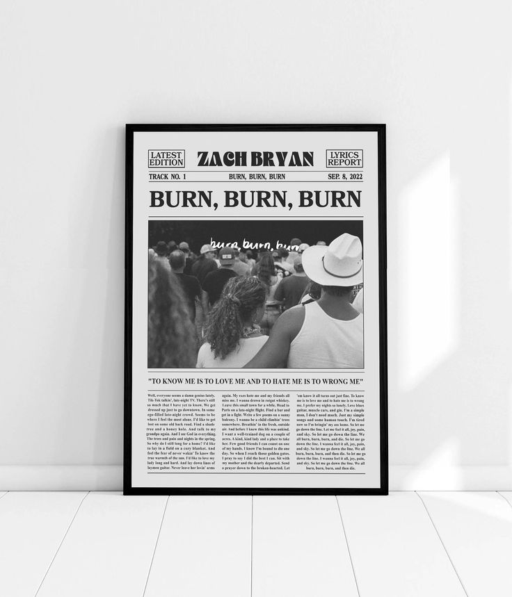 a black and white photo of a newspaper with the words burn, burn on it