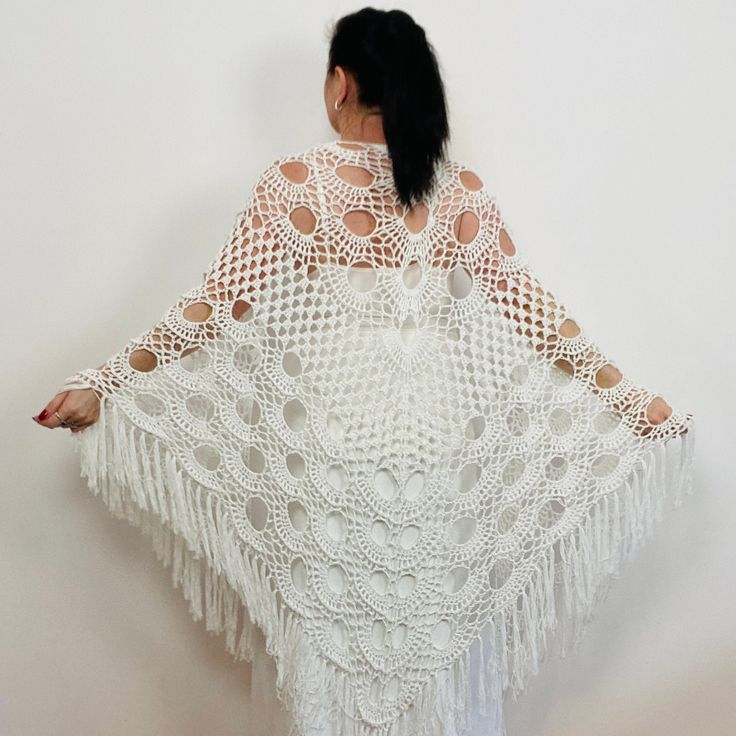 White wool triangle shawl fringe wedding capelet bridesmaid shawl bride shawl winter bridal shawl bridal party shawl bride cover up Size 1---Center height 39'' / 100 cm, Length - top 86" / 220 cm, ) + Fringe 6" / 15cm Size 2---Center height 43' / 110 cm, Length - top 88" / 225 cm, ) + Fringe 6" / 15cm Size 3---Center height 47'' / 120 cm, Length - top 102" / 260 cm, ) + Fringe 6" / 15cm Size 4---Center height 49'' / 125 cm, Length - top 106" / 270 cm, ) + Fringe 6" / 15cm Size 5---Center height 43'' / 110 cm, Length - top 90" / 230 cm, ) + Fringe 6" / 15cm Size 6---Center height 39'' / 100 cm, Length - top 86" / 220 cm, ) + Fringe 6" / 15cm Soft warm blend yarn 40% MOHAIR.  Look, please, more:  https://etsy.me/300Vzf8 Your custom orders are welcomed. Please message me for your custom inqui Bride Shawl, Wedding Capelet, Shawl Winter, Bridesmaid Shawl, White Shawl, Triangle Shawl, Fringe Shawl, Bridal Shawl, Triangle Shawls