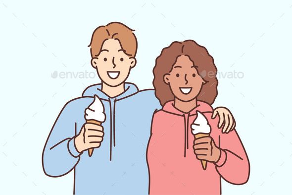 Smiling Interracial Couple Hug Eat Ice Cream Couple Eating Ice Cream, Man And Woman Embrace, Aesthetic Illustrations, Minimal Drawing, Minimal Drawings, Interracial Couple, Happy Man, Couples Play, Eating Ice