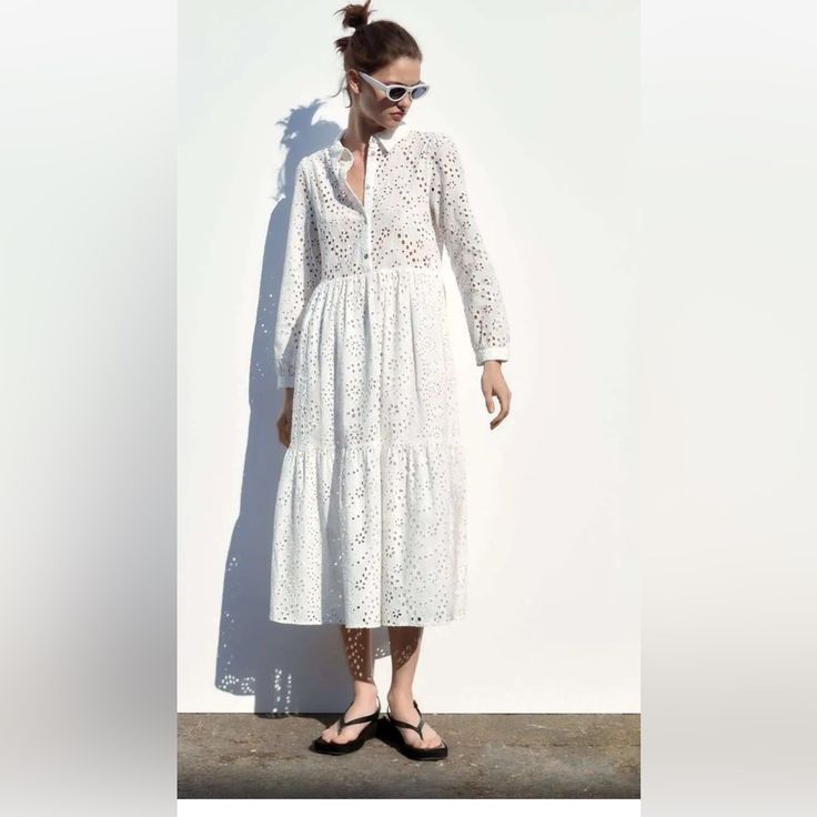 Nwt_zara Woman Ss23 Openwork Embroidery Midi Dress White | New With Tag ! Spring White Embroidered Dress For Day Out, Casual Broderie Anglaise Midi Dress For Vacation, Casual Embroidered Midi Dress For Day Out, Chic White Embroidered Spring Dress, Chic White Embroidered Dress For Spring, Summer Midi Dress With Broderie Anglaise And Long Sleeves, Casual White Broderie Anglaise Midi Dress, White Casual Broderie Anglaise Midi Dress, Summer Long Sleeve Midi Dress With Broderie Anglaise