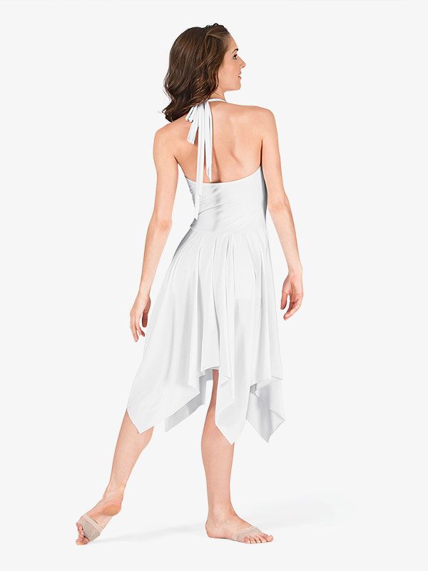 Rouched Front Halter Dress - Ballet/Lyrical | Natalie N8780 | DiscountDance.com Stretch Midi Dress With Tie Back, Fitted Halter Neck Midi Dress With Back Opening, Fitted Halter Dress With Back Opening For Beach, White Halter Neck Dress With Tie Back, Asymmetrical Summer Dress With Flowy Skirt, Party Dress With Asymmetrical Hem And Flowy Skirt, Party Dress With Flowy Asymmetrical Skirt, Party Dress With Asymmetrical Flowy Skirt, Summer Evening Halter Dress With Fitted Bodice