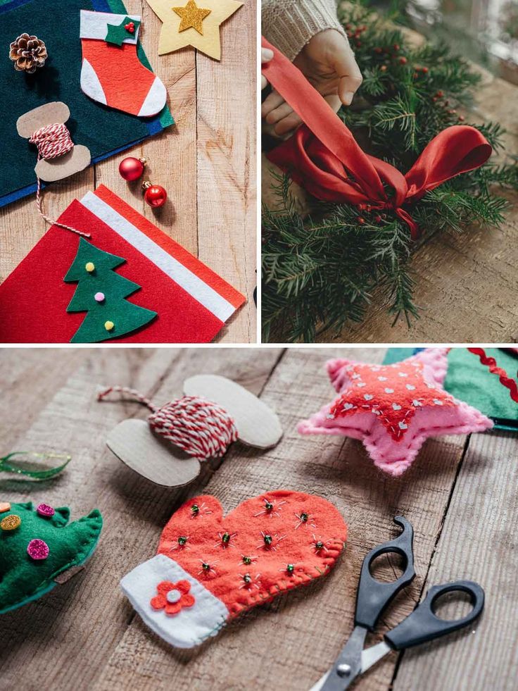 several different pictures of christmas decorations and sewing supplies on the table, including scissors, fabric ornaments, and other items