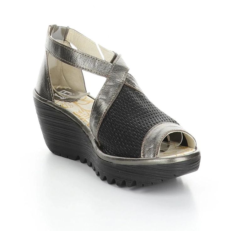 Yace Sandal Silver Open Heel Wedge Sandals For Spring, Silver Wedge Sandals With Cushioned Footbed, Silver Wedge Heel Sandals With Removable Insole, Modern Silver Platform Wedge Sandals, Metallic Sandals With Removable Insole For Summer, Casual Silver Wedge Heel Sandals, Metallic Open Toe Platform Sandals, Metallic Wedge Heel Sandals For Summer, Silver Leather Open Toe Wedge Sandals