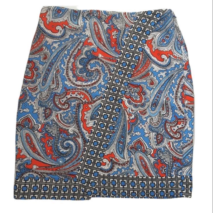 Blue And Red Paisley Skirt. Lined. Never Worn. Zip Up Side. Patterned Fitted Skirt, Fitted Paisley Print Skirt For Summer, Spring Paisley Print Mini Skirt, Paisley Skirt, Black Skater Skirts, Grey Mini Skirt, Red Pencil Skirt, Flared Mini Skirt, Pink Mini Skirt