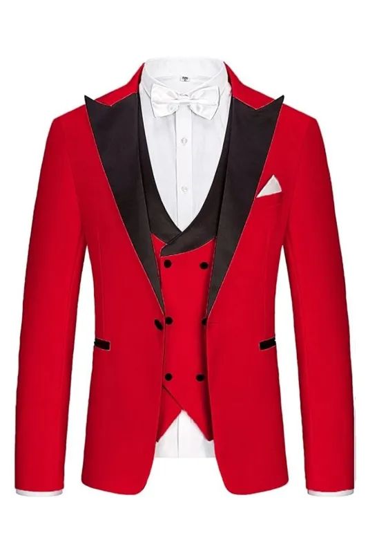 Fitted Three-piece Suit With Suit Collar For Party, Red Fitted Suit For Groom, Fitted Red Suit For Groom, Elegant Red Fitted Suit, Elegant Fitted Red Suit, Red Fitted Elegant Suit, Red Fitted Three-piece Suit For Business, Fitted Red Three-piece Business Suit, Classic Red Suits For Groom