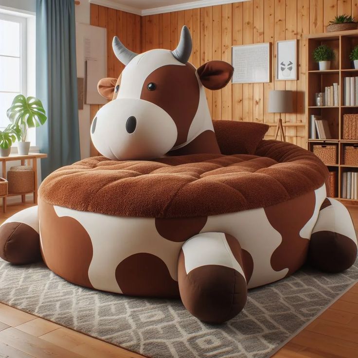 a cow shaped chair sitting on top of a rug