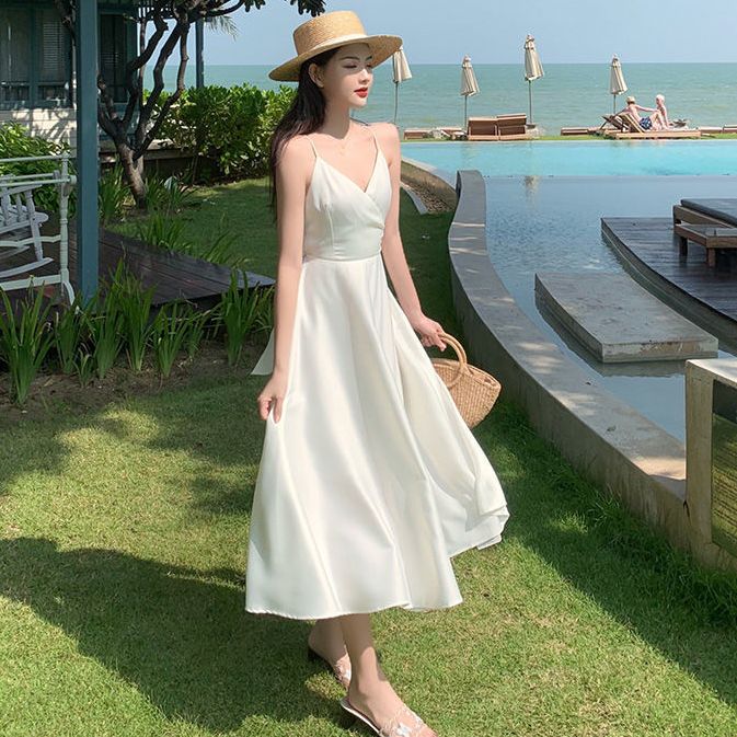 Women Dress Summer Spaghetti Strap Long Party Elegant Sundress Very Soft Fashion White Simple Beachwear Sexy Pure Vestidos Summer V-neck Backless Dress For Day Out, V-neck Sundress Suspender Dress For Beach, Summer V-neck Suspender Dress For Beach, Summer V-neck Sundress With Straps, Fitted Sling Summer Dress, Elegant Sling Suspender Dress For Vacation, Fitted Sling Suspender Dress For Beach, Fitted Beach Suspender Sling Dress, Elegant Solid Color Slip Dress For Beach