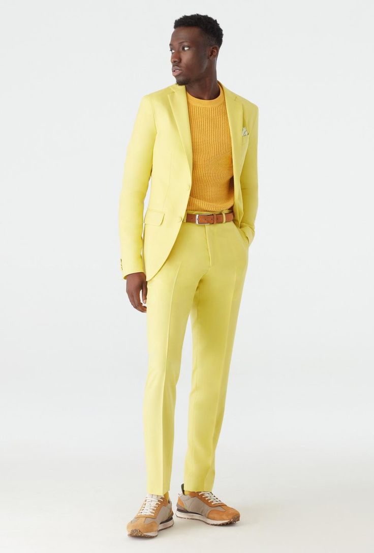 Yellow Tailored Suit For Semi-formal Occasions, Luxury Fitted Suits For Spring, Tailored Summer Suits For Semi-formal Occasions, Fitted Blazer With Structured Boning For Spring, Fitted Yellow Suits For Parties, Fitted Suits For Summer Parties, Slim Fit Summer Suits With Notch Lapel, Fitted Yellow Party Suits, Summer Slim Fit Suit With Notch Lapel