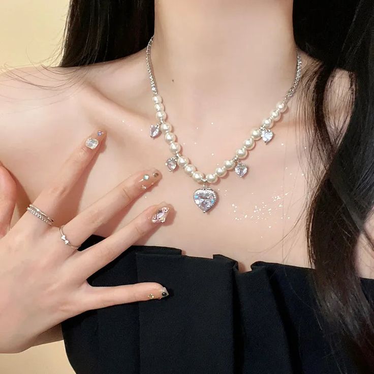 Brand Name: MaytrendsMetals Type: Zinc alloyNecklace Type: Pendant NecklacesMaterial: CRYSTALGender: WomenStyle: TRENDY Heart Pearl Necklace, Necklace Korean, Beads Choker, Chain Making, Jewellery Inspiration, Heart Crystal, Crystal Pendant Necklace, Party Necklace, Elegant Necklace