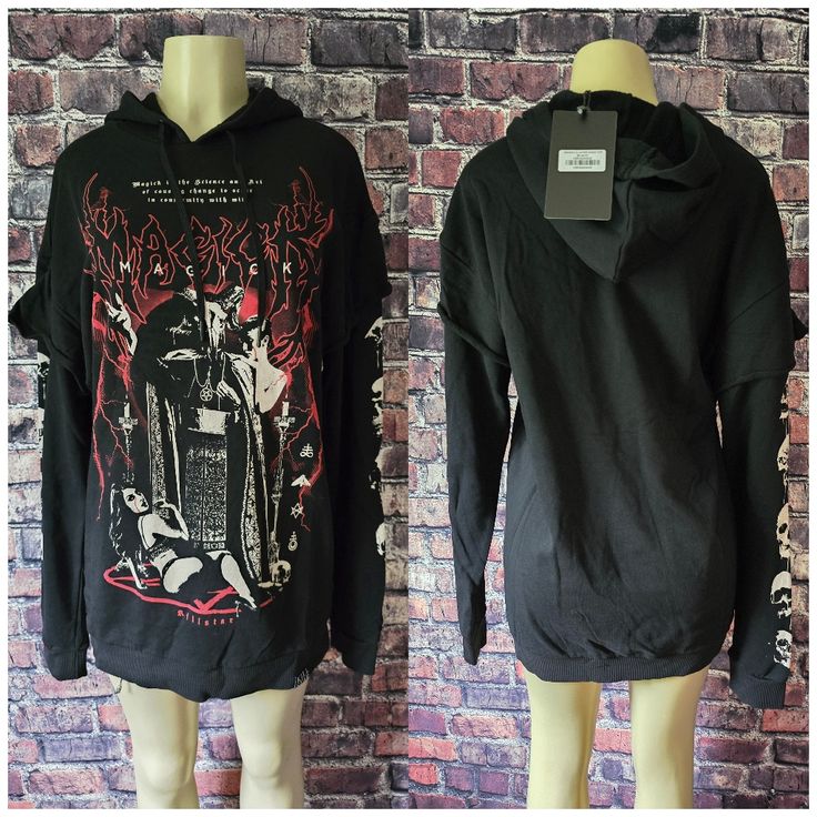 Killstar Magick 2 Layer Hoodie. Featuring A Soft Cotton Blend Construction, Hooded Sweatshirt Design, Longline Cut, Double Sleeves With Skull Detailing, And Bold Statement Front Graphic. Nwt, Size Small, Oversized Fit, Easily Sizes Up. Mannequin Bust 34", Waist 26" And Hips 38" Layered Hoodie, Dark Style, Dark Fashion, Colorful Hoodies, Sweatshirt Designs, Long A Line, Oversized Fits, Hooded Sweatshirt, Hooded Sweatshirts