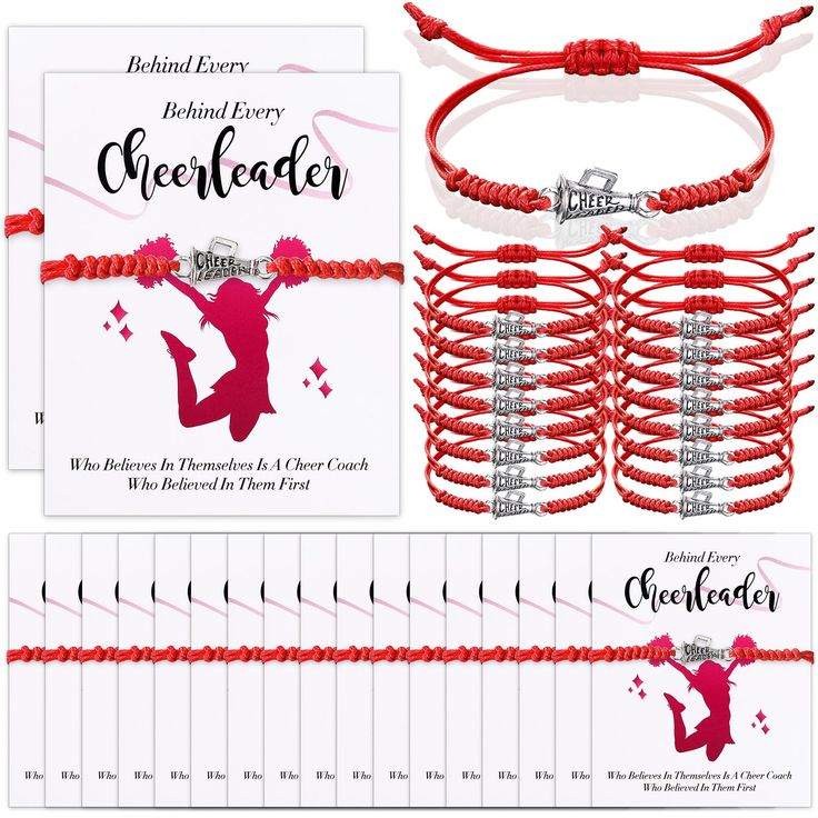 red string bracelets with silver charms and an advertise card for cheerleader