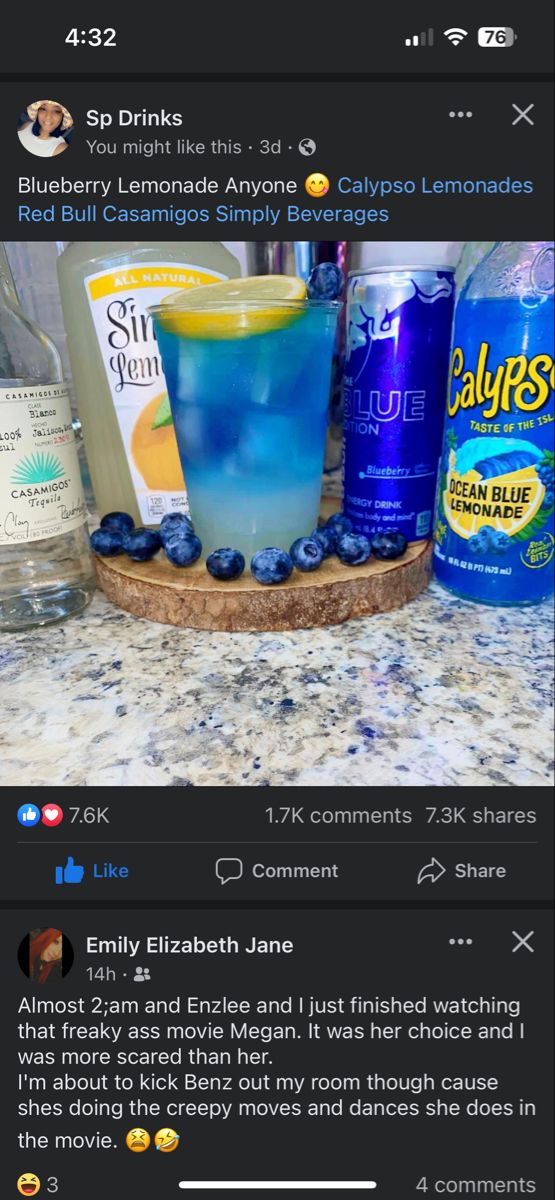 an instagram with blueberries, lemonade, and vodka on the bottom right corner