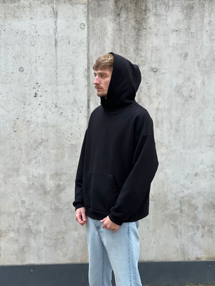 Heavyweight oversized streetwear hoodie Dropped shoulders, boxy fit, Kangaroo pocket, double layered hood. DETAILS: * Made from 100% French Terry cotton * Weight: 470 g/m² or 14.5 oz/yd² * Heavyweight * OEKO-TEX® 100 certified CARE INSTRUCTIONS: * Iron, steam, or tumble dry at a low temperature max 30℃ / 90℉ * To keep hoodie in great form, reverse before washing * Protect from direct sunlight, bleaching etc. Model is 190cm / 6'2 ft wearing size XL Made in Lithuania Urban Hoodie With Ribbed Cuffs And Drop Shoulder, Urban Style Sweatshirt For Streetwear, Modern Sweatshirt With Adjustable Hood For Streetwear, Modern Hooded Hoodie For Streetwear, Oversized Techwear Hoodie With Adjustable Hood, Solid Color Relaxed Fit Sweatshirt For Streetwear, Modern Adjustable Hood Sweatshirt For Streetwear, Modern Sweatshirt With Drawstring Hood For Streetwear, Oversized Solid Techwear Hoodie