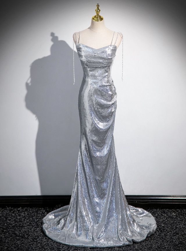 Glitter Silver Prom Dress, Sequined Prom Dress, Silver White Prom Dress, Prom Sparkly Dresses, White Sparkle Prom Dress, Silver Mermaid Hem Evening Dress For Prom, Silver Fitted Bodice Evening Dress For Prom, Silver Mermaid Dress With Sweep Train For Prom, Evening Mermaid Dress With Spaghetti Straps For Prom