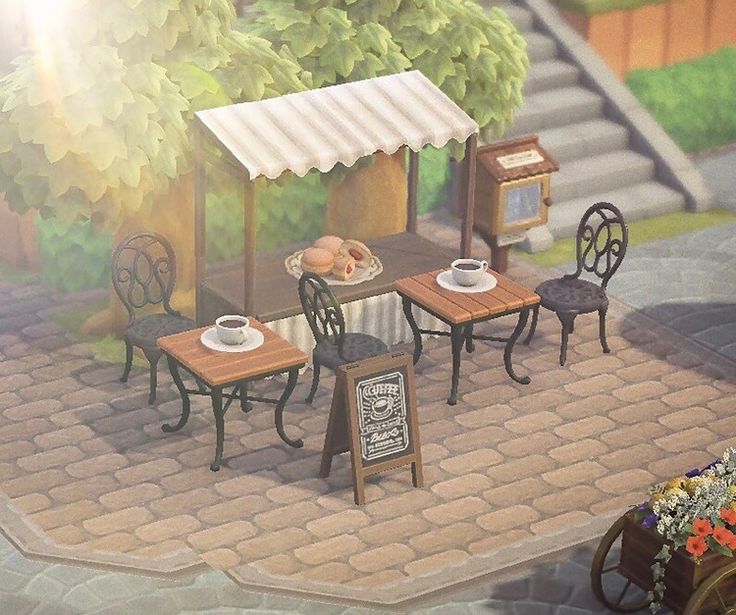 a painting of an outdoor cafe with tables and chairs on the side walk next to stairs